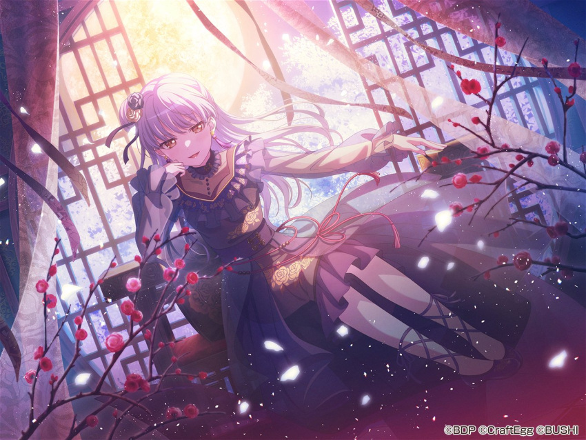 1girl bang_dream! black_dress cherry_blossoms dress earrings frilled_sleeves frills full_moon gothic_lolita grey_hair jewelry lolita_fashion long_hair long_sleeves looking_at_viewer minato_yukina moon official_art open_mouth petals see-through see-through_sleeves sitting tassel tassel_earrings yellow_eyes