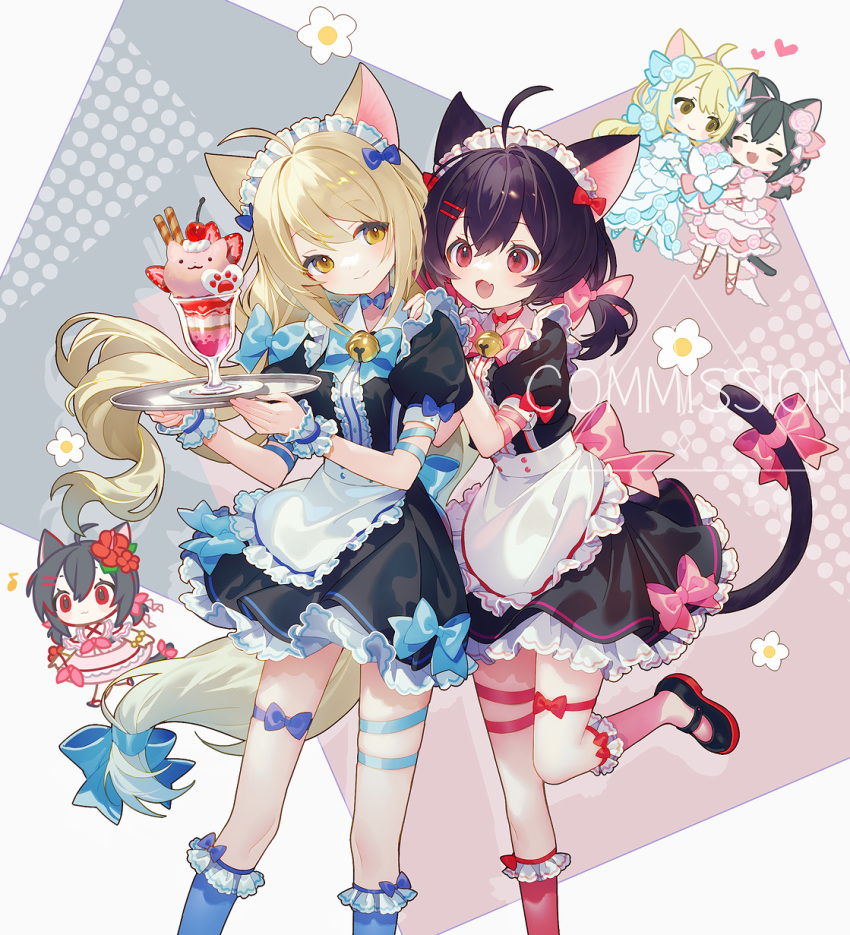 2girls :d animal_ears apron bell black_dress black_footwear black_hair blonde_hair blue_bow blue_flower blue_rose blue_socks borrowed_character bow brown_eyes cat_ears cat_girl cat_tail chibi collared_dress commentary_request commission dress eighth_note fang floating_hair flower frilled_apron frilled_dress frilled_socks frills grey_background hair_between_eyes hair_bow hand_on_another's_head head_tilt heart highres jingle_bell kneehighs long_hair maid maid_headdress multicolored_hair multiple_girls multiple_views musical_note neck_bell original pink_bow pink_flower pink_rose pink_socks puffy_short_sleeves puffy_sleeves red_eyes redhead rose shoes short_sleeves skeb_commission smile socks standing standing_on_one_leg tail two-tone_hair very_long_hair waist_apron watermark white_apron white_dress white_flower yamiya