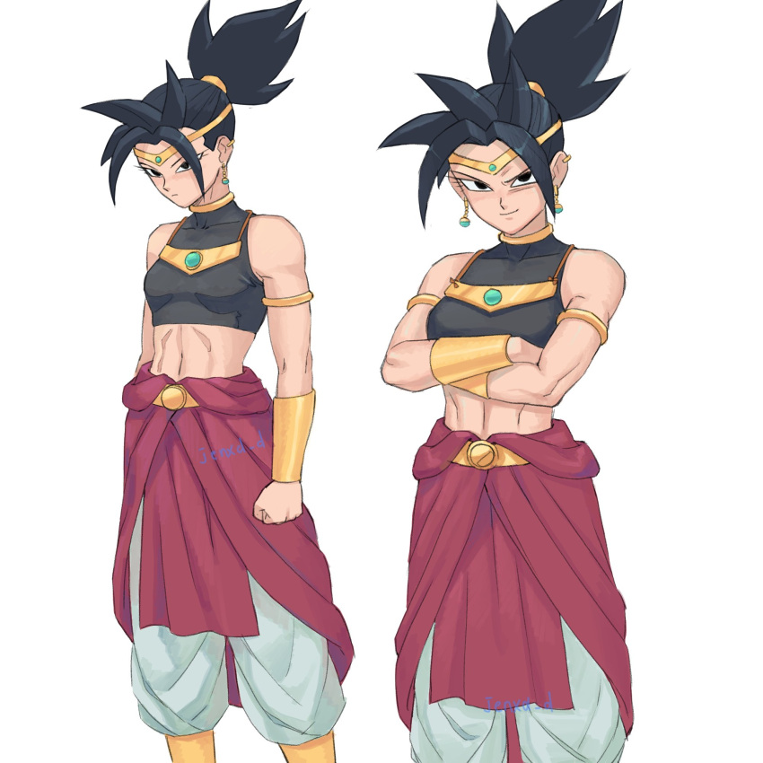 1girl armlet black_eyes black_hair breasts broly_(dragon_ball_z) broly_(dragon_ball_z)_(cosplay) circlet commentary cosplay crop_top crossed_arms dragon_ball dragon_ball_super dragon_ball_z earrings english_commentary furrowed_brow highres jenxd_d jewelry kefla_(dragon_ball) midriff multiple_views neck_ring ponytail potara_earrings signature small_breasts smile toned vambraces