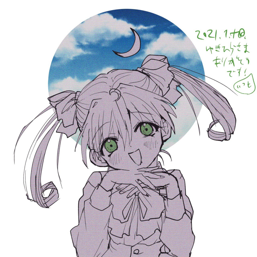 1girl blue_sky blush circle clouds crescent green_eyes hair_ribbon highres long_sleeves looking_at_viewer medium_hair monochrome neck_ribbon open_mouth own_hands_together ribbon sayonara_wo_oshiete sitting sky smile solo spot_color straight-on tamachi_mahiru twintails upper_body zonsters