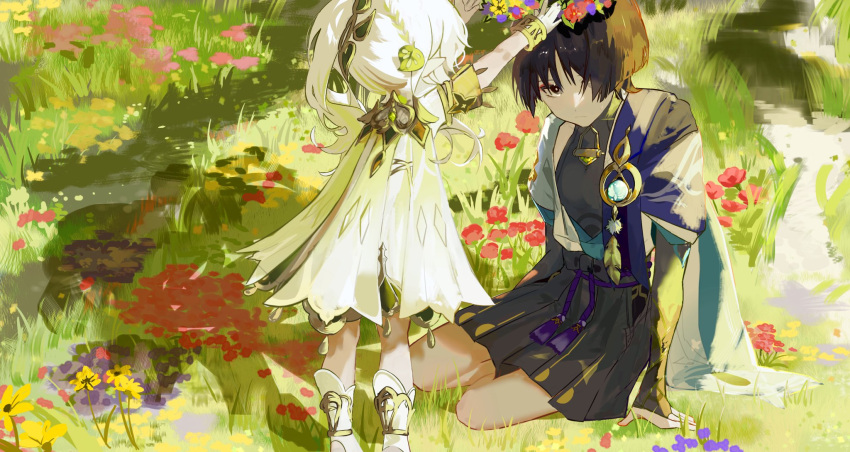 1boy 1girl black_hair dress facing_another female_child flower genshin_impact head_wreath highres japanese_clothes looking_at_another muuumi_00 nahida_(genshin_impact) pink_flower pointy_ears red_flower scaramouche_(genshin_impact) side_ponytail violet_eyes wanderer_(genshin_impact) white_hair yellow_flower
