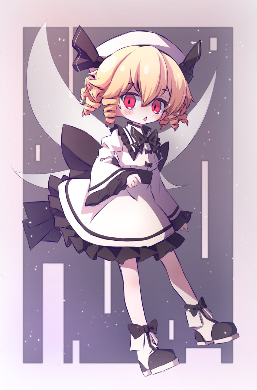 1girl blonde_hair blush chestnut_mouth dress drill_hair fairy fairy_wings frilled_dress frilled_sleeves frills full_body hair_between_eyes hat highres long_sleeves luna_child mr.turtle_head open_mouth red_eyes shoes short_hair solo touhou white_dress white_headwear wide_sleeves wings