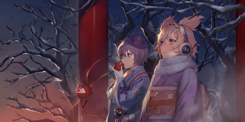 2girls alternate_costume bare_tree blonde_hair blue_headwear blue_kimono blush breath cup drinking earmuffs flower gloves hair_between_eyes hat hat_flower highres holding holding_cup japanese_clothes kimono komeiji_satori leaf long_sleeves looking_ahead multiple_girls non-web_source obi official_art peperon_(peperou) pink_flower pink_rose pointy_hair purple_hair purple_kimono rose sash second-party_source short_hair snow stream third_eye touhou touhou_lost_word toyosatomimi_no_miko tree violet_eyes white_gloves wide_sleeves yellow_eyes yunomi
