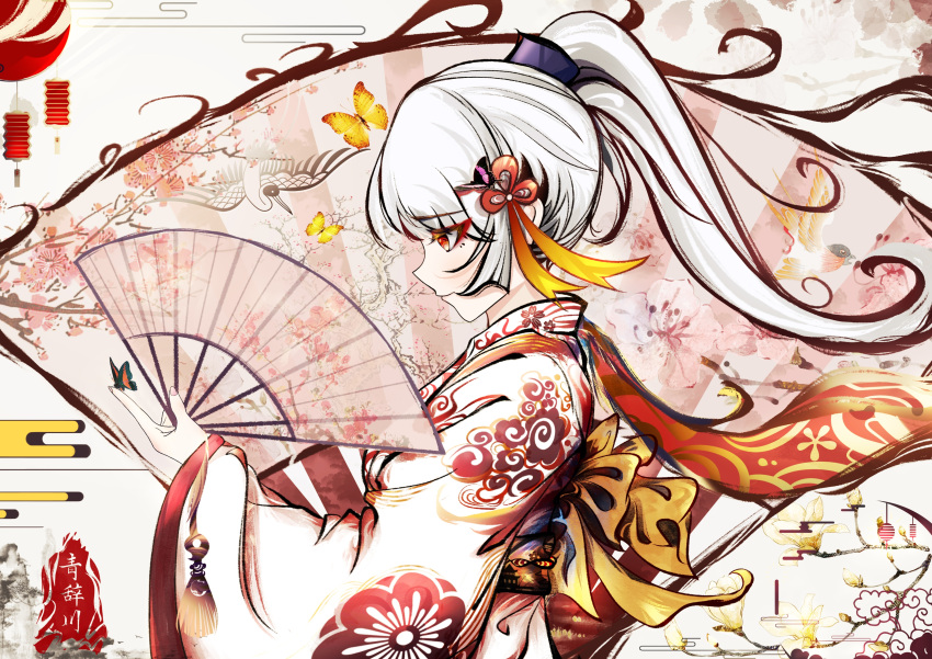 1girl absurdres alternate_costume blunt_bangs bug butterfly butterfly_on_hand chuan81079 egasumi floral_print genshin_impact hair_ornament hand_fan highres holding holding_fan japanese_clothes kamisato_ayaka kimono long_hair long_sleeves ponytail profile red_butterfly red_eyeliner red_eyes red_kimono solo