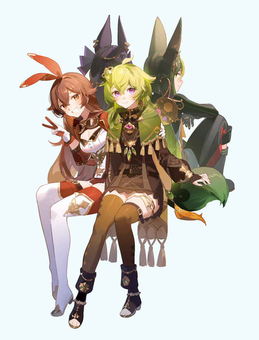 2boys 2girls absurdres amber_(100_outrider)_(genshin_impact) amber_(genshin_impact) animal_ears ankle_boots black_footwear boots breasts brown_dress brown_hair brown_thighhighs capelet closed_mouth collei_(genshin_impact) commentary_request crossed_bangs cyno_(genshin_impact) dark_green_hair dress earrings genshin_impact gloves goggles goggles_around_neck green_capelet green_hair grin hair_ornament highres jewelry long_hair long_sleeves looking_at_viewer medium_breasts medium_hair multiple_boys multiple_girls puffy_long_sleeves puffy_sleeves single_earring sitting smile teeth thigh-highs thigh_boots tighnari_(genshin_impact) toeless_footwear v white_footwear white_gloves yurayura_(mdeh5447) zettai_ryouiki