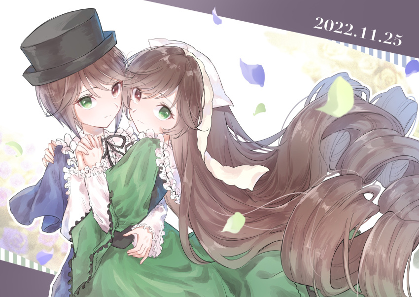 2girls absurdres black_corset black_headwear black_ribbon blue_capelet blue_shorts blush brown_hair capelet closed_mouth collared_dress commentary_request corset cowboy_shot dated dress drill_hair frilled_dress frilled_shirt_collar frills green_dress green_eyes hat head_scarf heterochromia highres holding_hands interlocked_fingers lace lolita_fashion long_hair long_sleeves looking_at_viewer multiple_girls neck_ribbon red_eyes ribbon rozen_maiden shima7_c short_hair shorts siblings sisters smile souseiseki suiseiseki top_hat twin_drills twins very_long_hair white_headwear