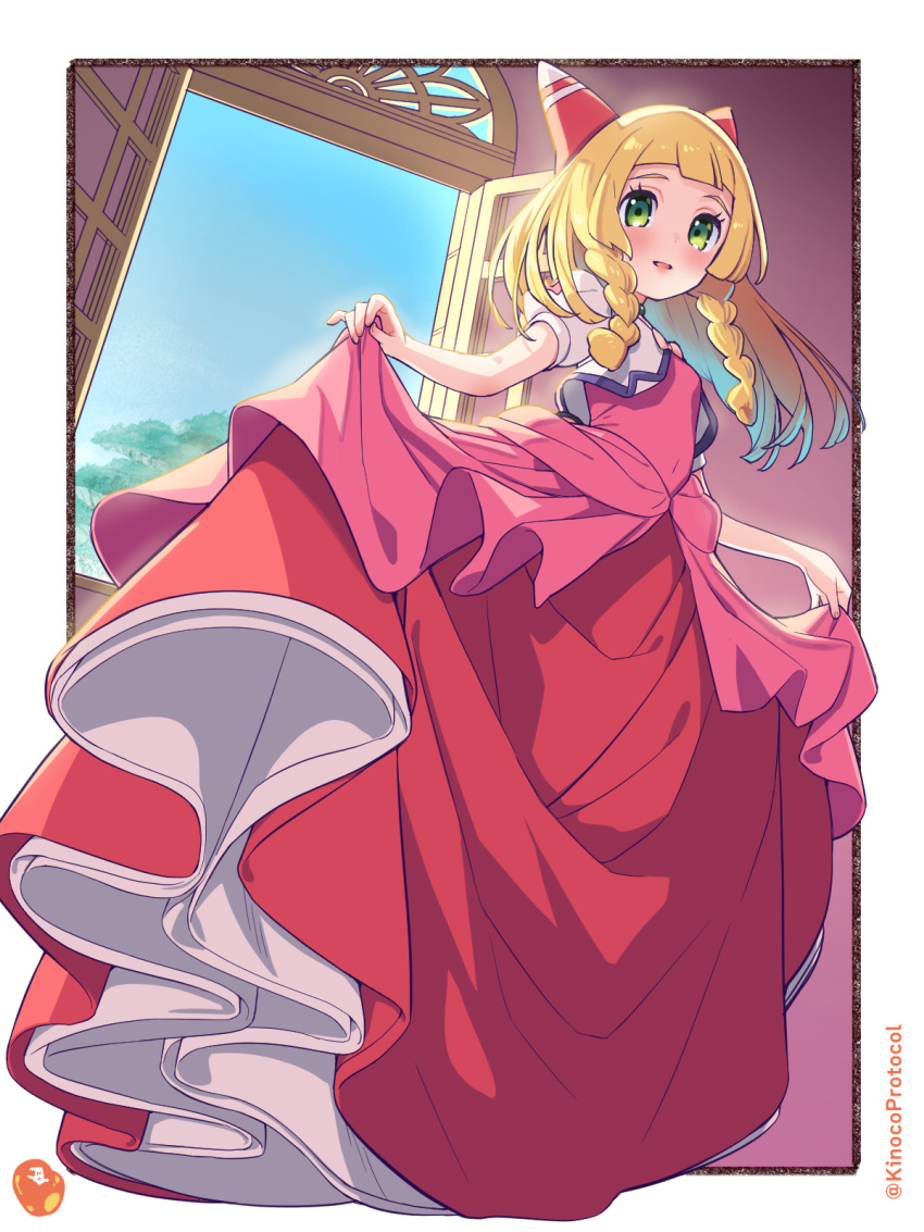 1girl blonde_hair blunt_bangs blush border braid clothes_lift commentary_request cosplay cropped_jacket day dress dress_lift eyelashes from_below green_eyes hair_ornament highres jacket kinocopro lifted_by_self lillie_(pokemon) long_hair looking_down may_(pokemon) may_(pokemon)_(cosplay) pink_dress pokemon pokemon:_lucario_and_the_mystery_of_mew pokemon_(anime) pokemon_rse_(anime) pokemon_sm_(anime) short_sleeves sky smile solo standing twin_braids white_border white_jacket window