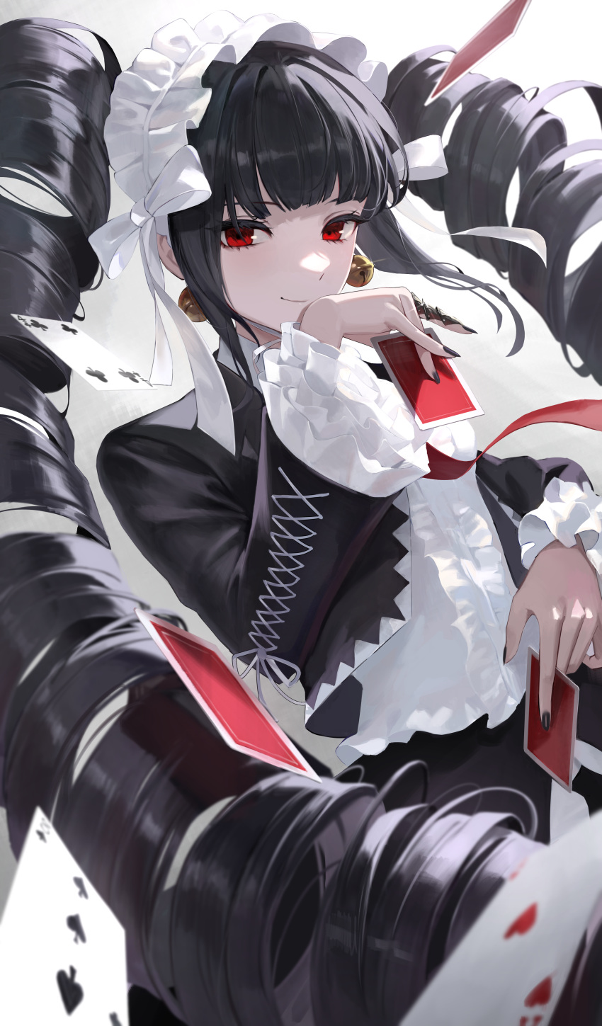 1girl absurdres aimitkkays black_hair black_nails bonnet card celestia_ludenberg center_frills claw_ring closed_mouth commentary danganronpa:_trigger_happy_havoc danganronpa_(series) drill_hair earrings frills gothic_lolita highres holding holding_card jacket jewelry lolita_fashion long_hair long_sleeves looking_at_viewer nail_polish necktie red_eyes red_necktie smile solo twin_drills twintails
