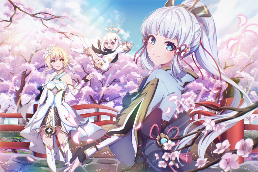 3girls :d arch_bridge arm_up armor back_bow bare_shoulders black_cape black_eyes black_gloves blonde_hair blue_bow blue_eyes blue_skirt blue_sky blunt_bangs blush boots bow branch breastplate bridge bright_pupils cape cherry_blossoms chinese_wolfberry closed_mouth clouds commentary_request day dress eyelashes feather_hair_ornament feathers fence floating_hair flower flying forest genshin_impact gloves gold_trim hair_between_eyes hair_flower hair_ornament hair_ribbon hair_tubes halo hand_up high_ponytail highres japanese_armor japanese_clothes kamisato_ayaka kusazuri light_rays long_hair looking_at_viewer looking_back lumine_(genshin_impact) medium_hair mole mole_under_eye multiple_girls nature open_mouth outdoors paimon_(genshin_impact) partially_fingerless_gloves petals pink_flower pink_ribbon ponytail ribbon short_hair short_hair_with_long_locks sidelocks single_thighhigh skirt sky sleeveless sleeveless_dress smile standing star_(symbol) star_hair_ornament sunlight thigh-highs thigh_boots tree vambraces vision_(genshin_impact) white_dress white_flower white_footwear white_hair white_pupils white_thighhighs yellow_eyes