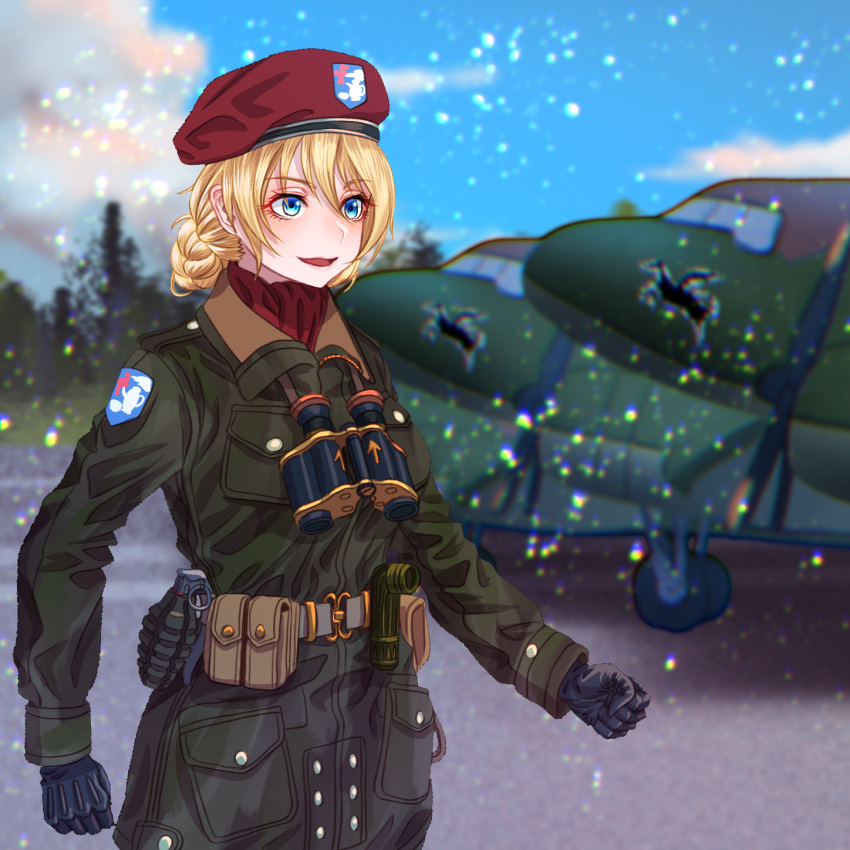 1girl alternate_costume belt beret binoculars black_gloves blue_sky blurry blurry_background braid clouds cloudy_sky coat commentary darjeeling_(girls_und_panzer) day depth_of_field emblem explosive flashlight girls_und_panzer gloves green_coat grenade hat highres looking_to_the_side military_hat open_mouth outdoors red_headwear red_scarf scarf short_hair sky smile solo st._gloriana's_(emblem) standing tigern_(tigern28502735) utility_belt world_war_ii