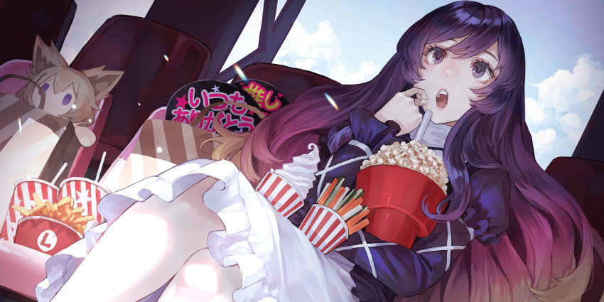 1girl bag black_jacket blonde_hair chair character_doll clouds cup disposable_cup dress drinking_straw eating eyebrows_hidden_by_hair feet_out_of_frame food french_fries gradient_hair hand_up highres hijiri_byakuren holding ice_cream jacket kaoming lips long_hair looking_ahead multicolored_hair non-web_source official_art open_mouth paper_bag popcorn puffy_short_sleeves puffy_sleeves purple_hair second-party_source short_sleeves sitting solo teeth tongue touhou touhou_lost_word toyosatomimi_no_miko upper_teeth_only violet_eyes white_dress window