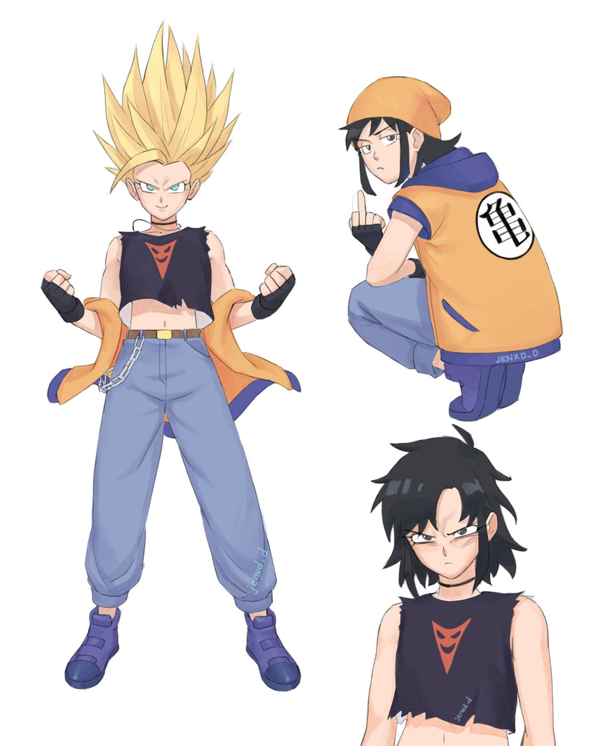 1girl aged_up alternate_costume belt belt_buckle black_choker blue_hoodie brown_belt buckle chain choker clenched_hands commentary crop_top denim dragon_ball dragon_ball_super english_commentary fingerless_gloves frown furrowed_brow gloves half-closed_eyes highres hood hoodie jacket jeans jenxd_d medium_hair middle_finger midriff multiple_views navel orange_headwear orange_jacket pan_(dragon_ball) pants punk shirt sidelocks signature smile spiky_hair squatting super_saiyan torn_clothes torn_shirt