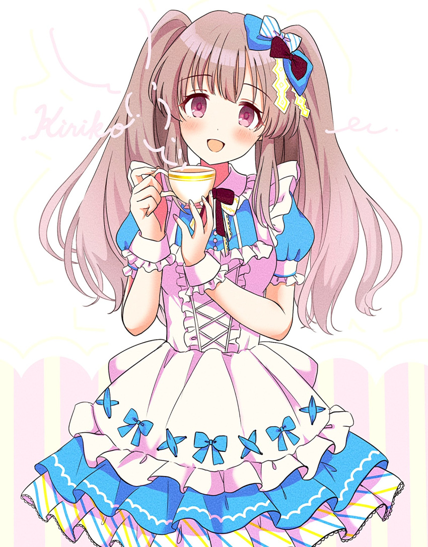 1girl blue_dress blue_ribbon blush brown_ribbon character_name cup dress frilled_dress frills grey_hair hair_ornament hands_up highres holding holding_cup idolmaster idolmaster_shiny_colors layered_dress long_hair looking_at_viewer open_mouth potesara888 ribbon short_sleeves sidelocks simple_background smile solo standing tea twintails violet_eyes white_background white_ribbon yukoku_kiriko