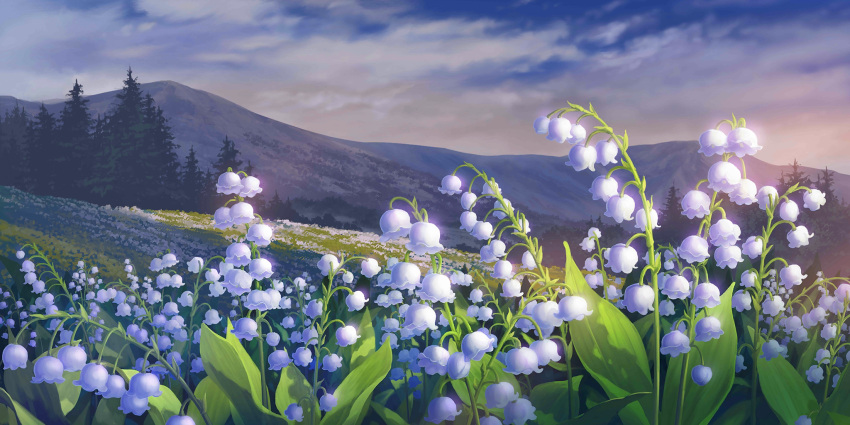 clouds cloudy_sky day flower forest highres kosian leaf lily_of_the_valley meadow mountainous_horizon nature no_humans non-web_source official_art scenery second-party_source sky touhou touhou_lost_word tree white_flower