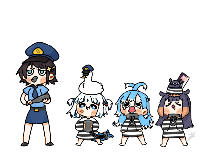 4girls :&lt; alicemuyuki anger_vein ball_and_chain_restraint baton_(weapon) belt bird black_hair blue_eyes blue_hair blue_necktie blue_skirt blunt_bangs blush_stickers chibi commentary crying crying_with_eyes_open duck english_commentary fins fish_tail gawr_gura gradient_hair hat highres hololive hololive_english hololive_indonesia holostars holostars_english kobo_kanaeru long_hair long_sleeves multicolored_hair multiple_girls necktie ninomae_ina'nis oozora_subaru open_mouth orange_hair police police_hat police_uniform policewoman prison_clothes purple_hair shark_girl shark_tail short_hair sidelocks simple_background skirt streaked_hair subaru_duck sunglasses sweatdrop tail takodachi_(ninomae_ina'nis) tears tentacle_hair two_side_up uniform virtual_youtuber weapon whistle white_background white_hair