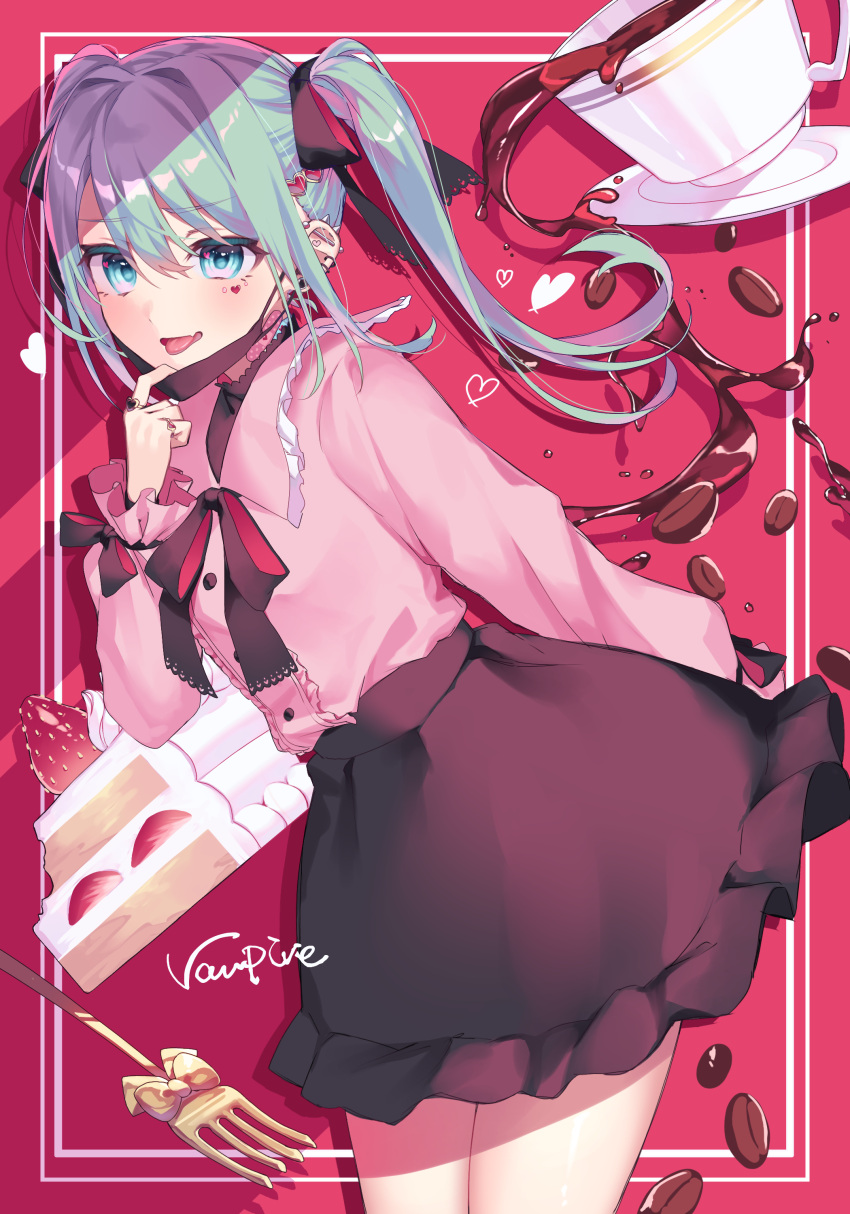 1girl absurdres aqua_eyes aqua_hair black_mask black_ribbon black_skirt blush coffee_cup collared_shirt cup deco27 disposable_cup ear_piercing earrings facial_mark frilled_shirt_collar frills hair_ornament hair_ribbon hatsune_miku heart heart_facial_mark heart_hair_ornament highres industrial_piercing jewelry kurobikari long_hair long_sleeves looking_at_viewer mask mask_pull mouth_mask multiple_rings open_mouth piercing pink_shirt ribbon ring shirt skirt solo standing tongue twintails vampire_(vocaloid) vocaloid