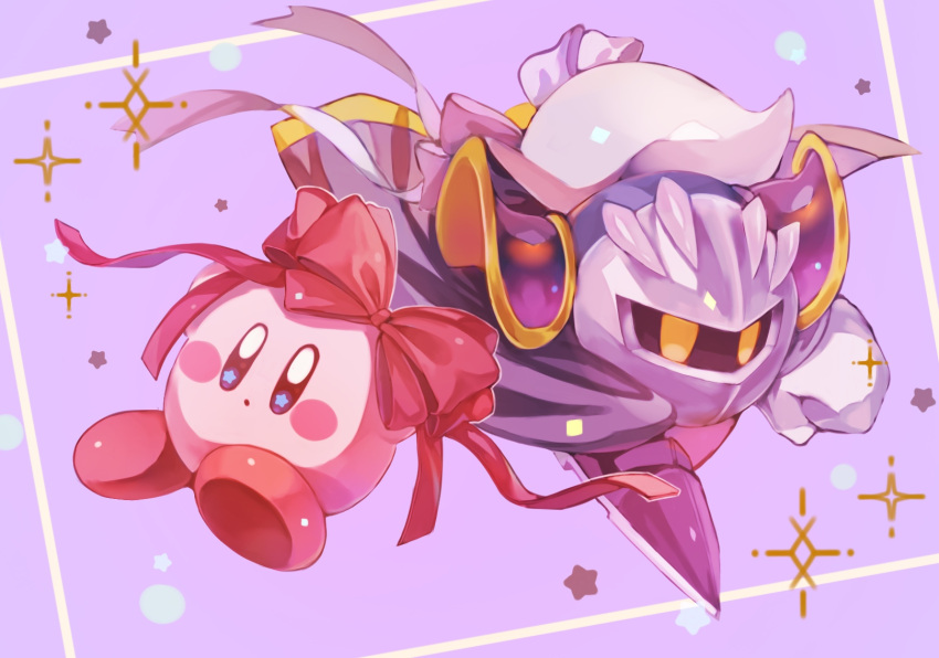 2boys blue_eyes cape commentary_request gloves hair_ribbon highres kirby kirby_(series) male_focus mask meta_knight multiple_boys purple_footwear red_footwear ribbon user_gaje3724 yellow_eyes