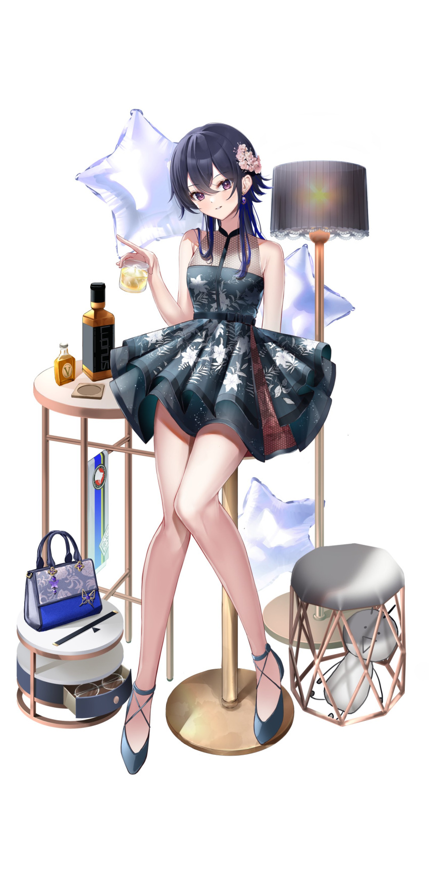 1girl absurdres alcohol bag balloon bar_stool black_hair blue_hair clothes_hanger copyright_name crossed_bangs cup drawer dress drinking_glass earrings flower glasses gradient_hair grey_dress grey_footwear hair_between_eyes hair_flower hair_ornament handbag highres holding holding_cup horo_27 ice ichinose_uruha jewelry lampshade logo long_hair looking_at_viewer lupinus_virtual_games multicolored_hair pleated_dress scarf simple_background sleeveless sleeveless_dress smile solo star_(symbol) star_print stool streaked_hair stuffed_toy table virtual_youtuber vspo! whiskey white_background