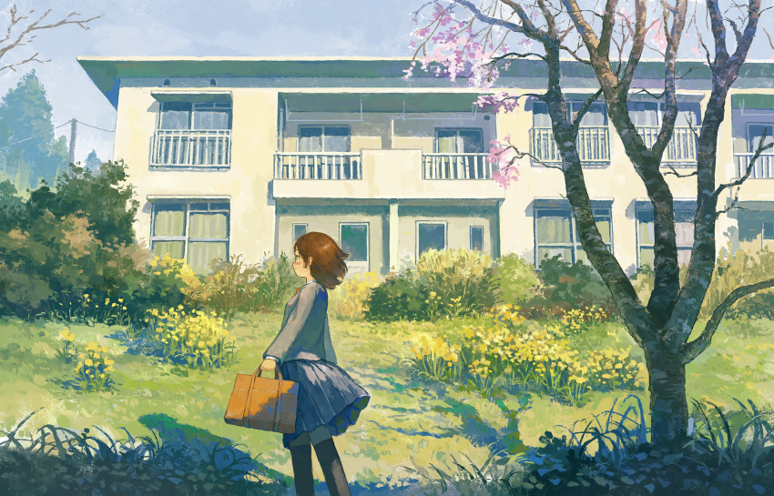 1girl bag black_skirt black_thighhighs brown_hair building day fjsmu flower grass highres holding holding_bag long_sleeves looking_away original outdoors pleated_skirt power_lines scenery school_bag school_uniform short_hair skirt solo spring_(season) thigh-highs tree utility_pole yellow_flower