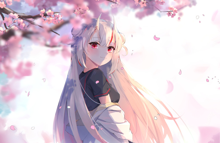 1girl blush cherry_blossoms double_bun elphe hair_bun highres hololive horns long_hair looking_at_viewer multicolored_hair nakiri_ayame oni oni_horns red_eyes smile solo virtual_youtuber white_hair