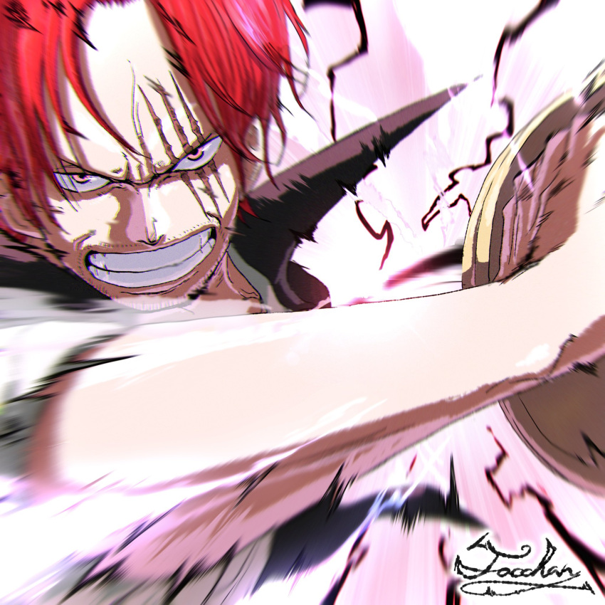 1boy clenched_teeth coat coat_on_shoulders facial_hair glaring haki highres holding holding_sword holding_weapon incoming_attack looking_at_viewer male_focus one_piece parted_bangs red_eyes redhead scar scar_across_eye serious shanks_(one_piece) signature sleeves_rolled_up solo sword tacchan56110 teeth weapon