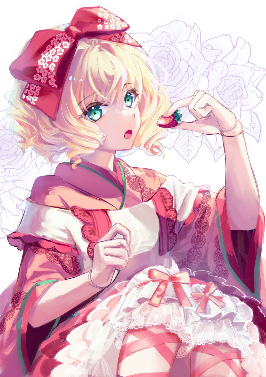 1girl absurdres apron blonde_hair bow commentary_request doll_joints drill_hair feet_out_of_frame flat_chest food fruit green_eyes hair_bow highres hina_ichigo japanese_clothes joints kikumon kimono leg_ribbon looking_at_viewer open_mouth pink_bow pink_kimono red_bow red_ribbon ribbon rozen_maiden short_hair solo strawberry white_apron white_background wide_sleeves yukari_(957764483)