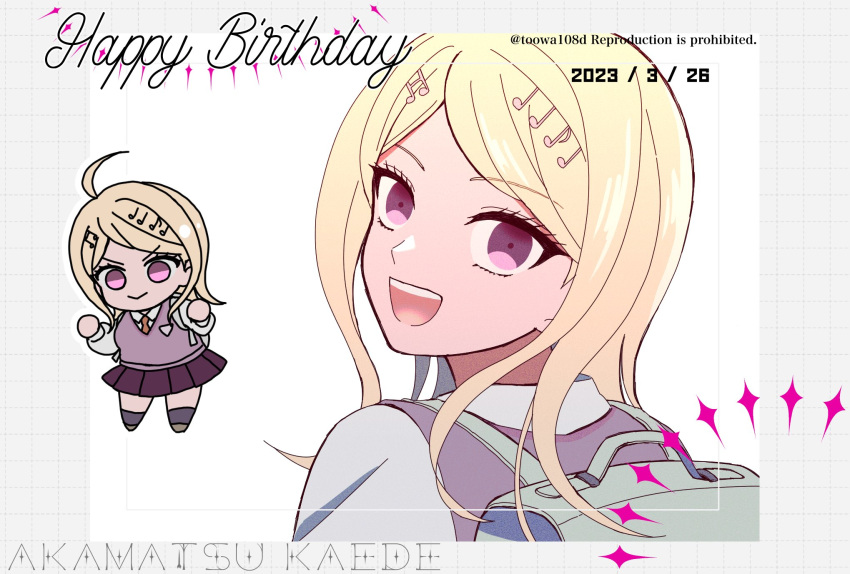 108_(toowa) 1girl :&gt; :d ahoge akamatsu_kaede backpack bag blonde_hair blush breasts character_name chibi collared_shirt danganronpa_(series) danganronpa_v3:_killing_harmony dated hair_ornament happy_birthday highres long_hair long_sleeves looking_at_viewer looking_back miniskirt musical_note musical_note_hair_ornament necktie open_mouth pink_eyes pink_hair pleated_skirt shirt skirt smile sweater_vest white_shirt