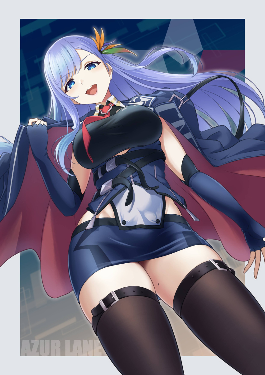 1girl absurdres azur_lane bird_of_paradise_flower blue_eyes blue_hair breasts coat collar elbow_gloves flower girugiru_(tektonics6588) gloves highres large_breasts long_hair looking_at_viewer looking_down miniskirt mole naughty_face necktie open_clothes open_coat open_mouth red_necktie simple_background skirt sleeveless smile solo thigh-highs thigh_strap ticonderoga_(azur_lane)
