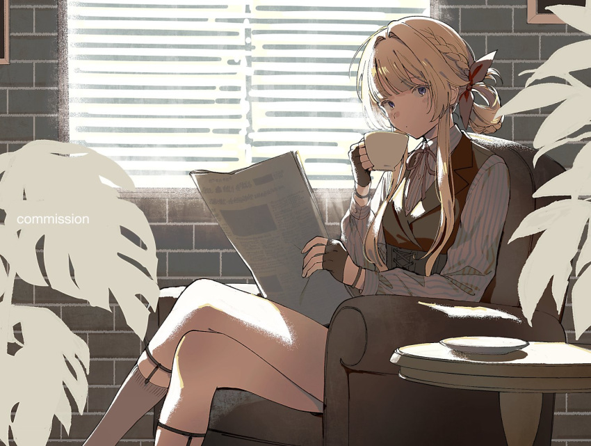 1girl armchair backlighting black_gloves black_vest blinds blonde_hair blue_eyes blunt_bangs blush braid brick_wall chair closed_mouth commission crossed_legs cup dm_owr english_text fingerless_gloves girls_frontline gloves grey_shirt hair_intakes hair_ribbon holding holding_cup indoors legwear_garter long_hair long_sleeves looking_at_viewer newspaper plant ribbon saucer shirt sidelocks sitting solo striped striped_shirt table teacup vest welrod_mkii_(girls'_frontline) window
