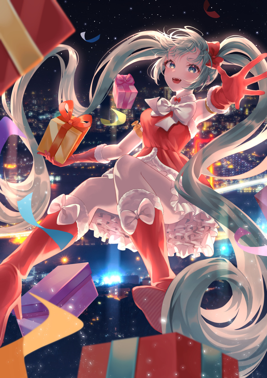 1girl absurdres aqua_eyes aqua_hair blush boots bow bowtie christmas city_lights cityscape commentary confetti doyo_c3 dress english_commentary frilled_dress frills full_body gift gloves hair_bow hair_ornament hatsune_miku high_heel_boots high_heels highres holding holding_gift long_hair looking_at_viewer midair night night_sky open_mouth outdoors red_bow red_dress red_footwear red_gloves sky smile solo very_long_hair vocaloid white_bow white_bowtie