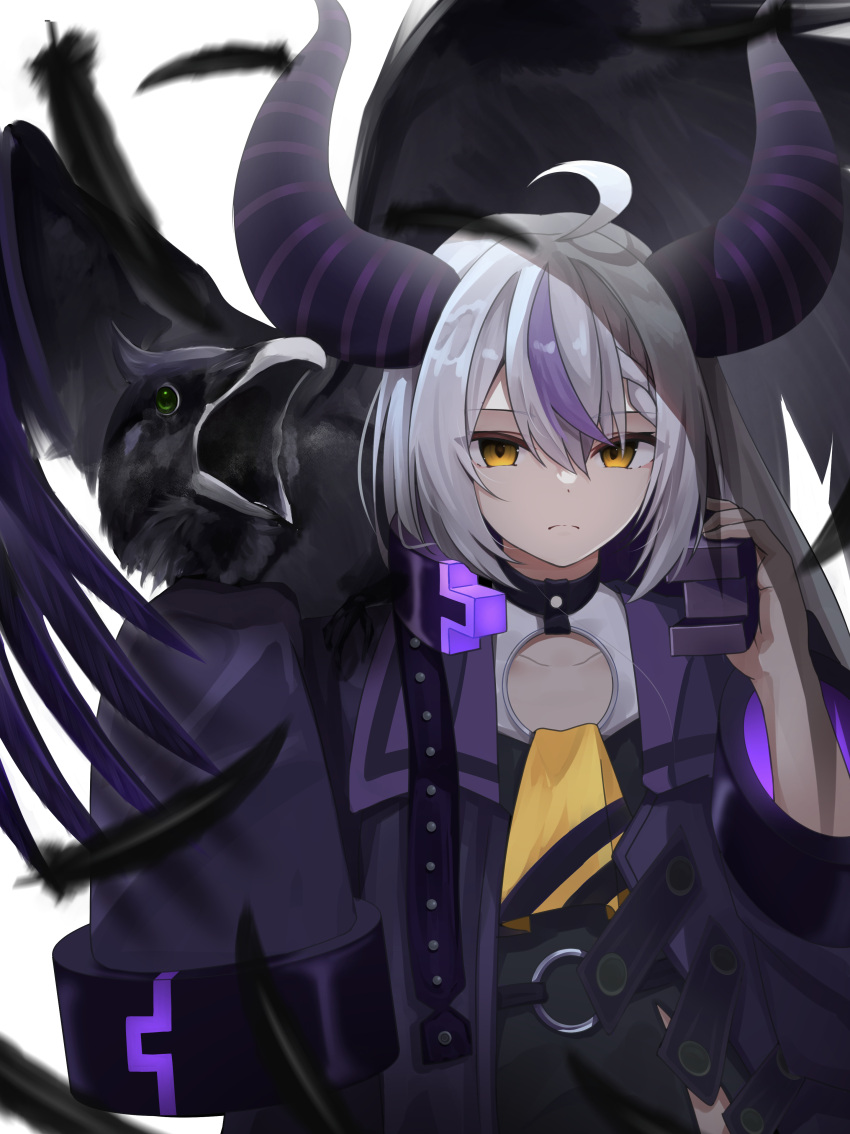 1girl absurdres animal_on_shoulder ascot bird bird_on_shoulder collar commentary crow demon_girl demon_horns feathers green_eyes grey_hair hair_between_eyes highres hololive horns la+_darknesss long_hair long_sleeves looking_at_viewer metal_collar micon multicolored_hair purple_hair purple_horns simple_background sleeves_past_fingers sleeves_past_wrists streaked_hair striped_horns virtual_youtuber white_background yellow_ascot yellow_eyes