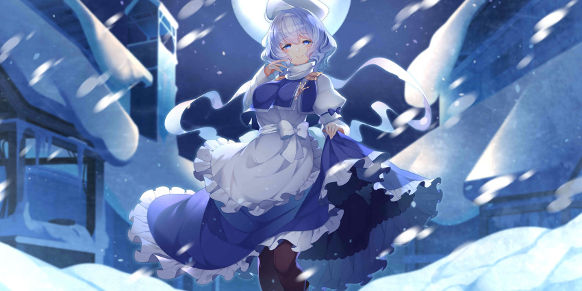 1girl apron black_pantyhose blue_bow blue_capelet blue_eyes blue_hair blue_skirt blush bow building capelet closed_mouth feet_out_of_frame frilled_skirt frills full_moon half-closed_eyes hand_up hat highres kokka_han lapel_pin letty_whiterock light_blue_hair long_sleeves looking_at_viewer moon night night_sky non-web_source official_art outdoors pantyhose puffy_sleeves scarf second-party_source shirt short_hair skirt skirt_hold sky smile snow snowing solo touhou touhou_lost_word tower waist_apron waist_bow white_apron white_bow white_headwear white_scarf white_shirt