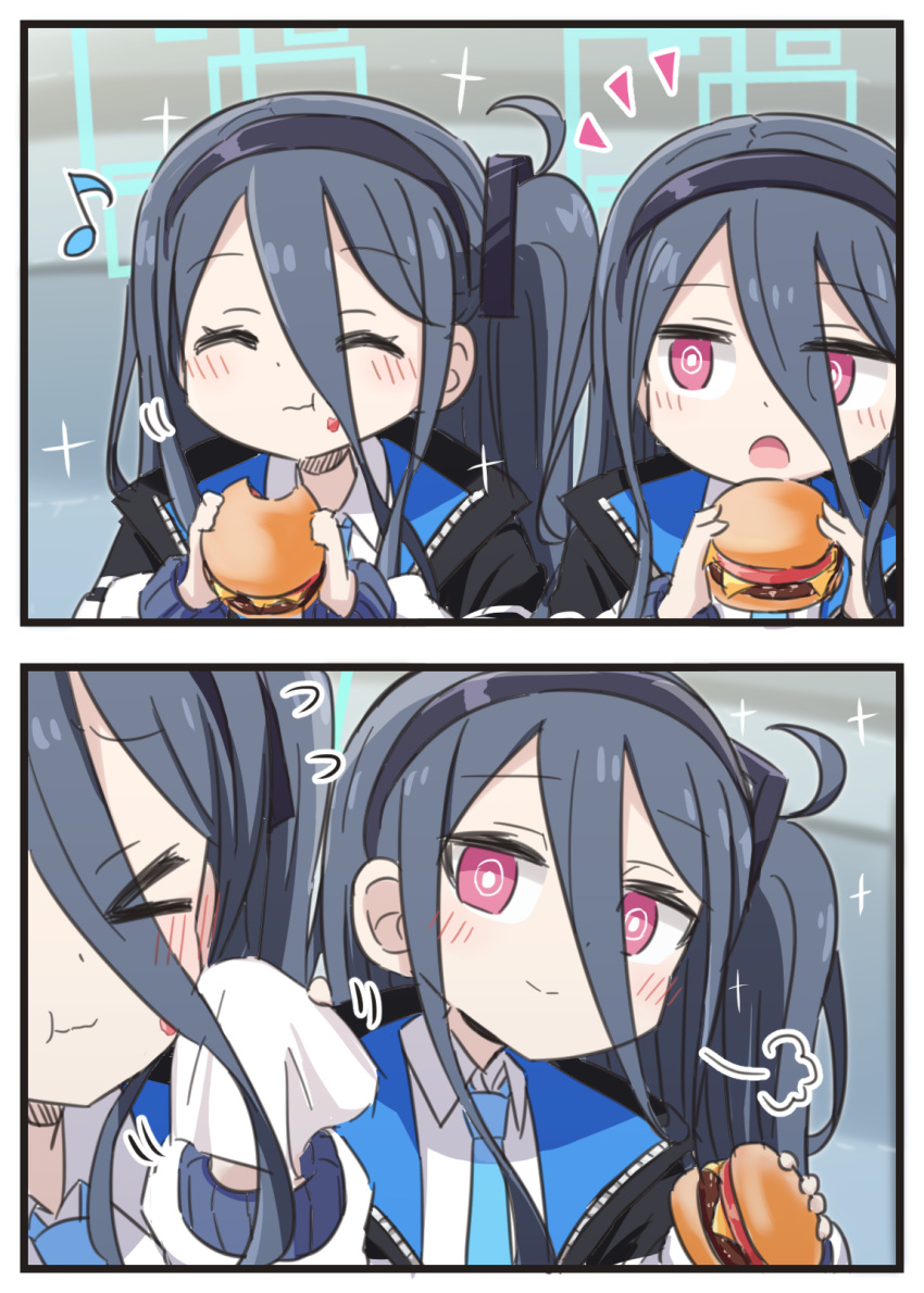 &gt;_&lt; &lt;key&gt;_(blue_archive) 2girls :o :t aris_(blue_archive) black_hair black_hairband blue_archive blue_necktie blush burger closed_eyes closed_mouth collared_shirt eighth_note flying_sweatdrops food food_on_face guriin hair_between_eyes hairband halo highres holding holding_food jacket long_hair long_sleeves multiple_girls musical_note necktie notice_lines one_side_up open_mouth puffy_long_sleeves puffy_sleeves shirt smile upper_body violet_eyes wavy_mouth white_jacket white_shirt