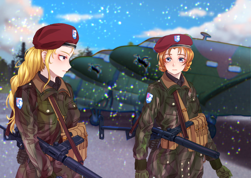 2girls alternate_costume assam_(girls_und_panzer) belt beret blonde_hair blue_eyes blue_sky blurry blurry_background braid closed_mouth clouds cloudy_sky coat commentary day depth_of_field emblem explosive frown girls_und_panzer gloves green_coat green_gloves grenade hat highres light_frown long_hair looking_at_viewer looking_to_the_side military military_hat military_uniform multiple_girls orange_hair orange_pekoe_(girls_und_panzer) outdoors parted_bangs red_headwear short_hair sky st._gloriana's_(emblem) standing sten_gun tigern_(tigern28502735) twin_braids uniform utility_belt world_war_ii