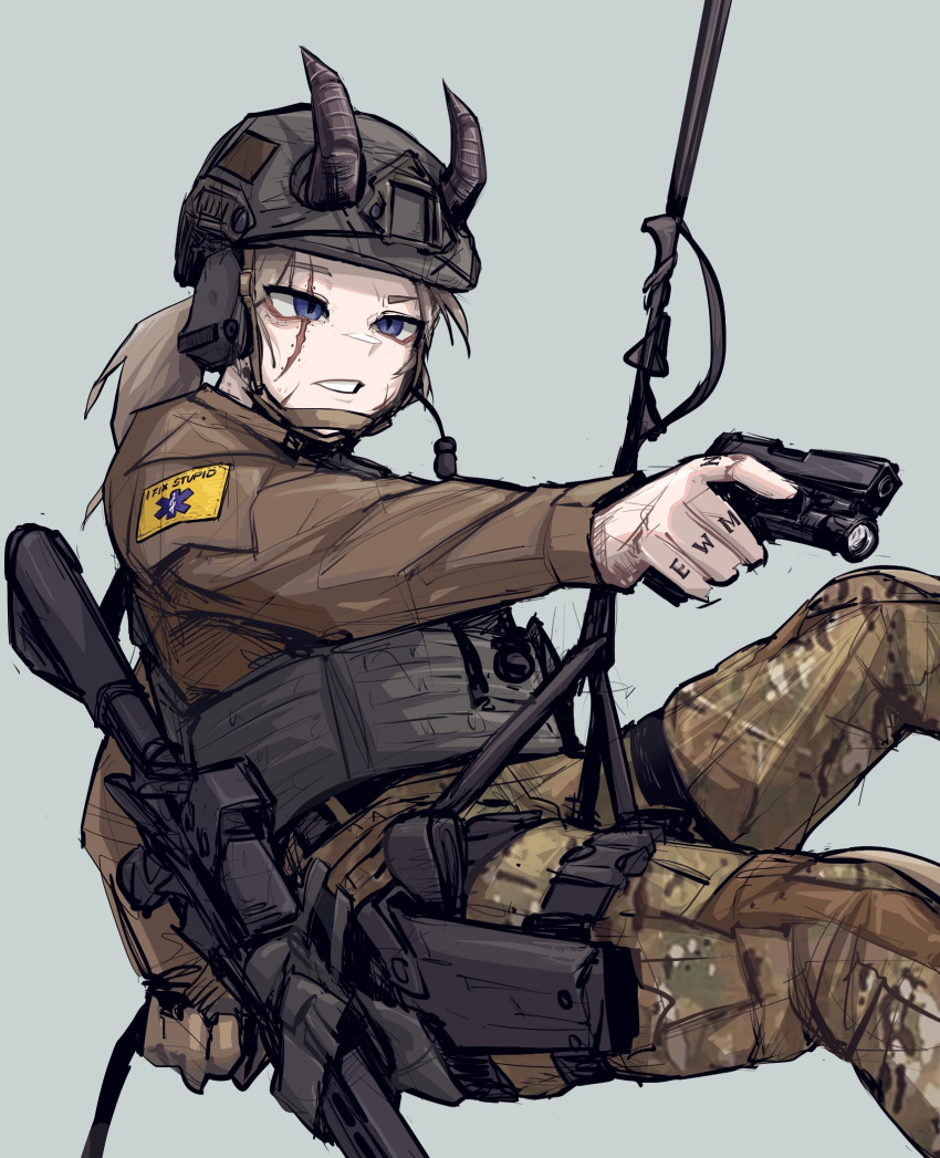 1girl blue_eyes brown_hair brown_jacket brown_pants cabbie_hat camouflage camouflage_pants english_text epakim feet_out_of_frame grey_background grey_headwear gun handgun hat highres holding holding_gun holding_weapon horns horns_through_headwear jacket long_hair long_sleeves looking_away m4_carbine original pants ponytail scar scar_across_eye simple_background solo thick_eyebrows weapon weapon_request