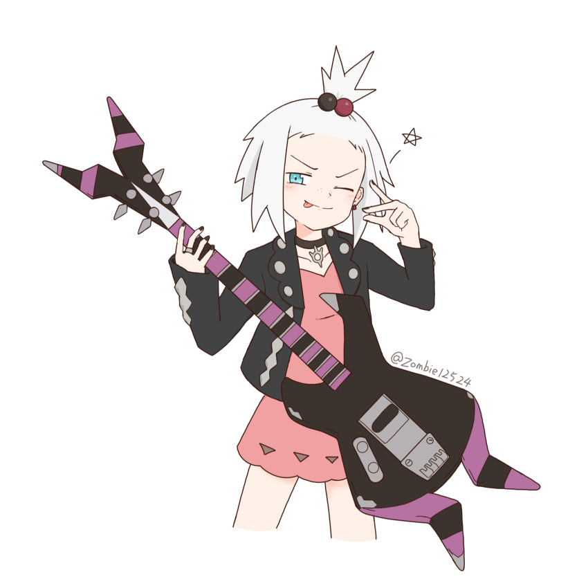 1girl ;p black_collar black_jacket black_nails chinese_commentary closed_mouth collar collarbone commentary_request cosplay dress earrings hair_ornament hands_up highres holding holding_instrument instrument jacket jewelry jiang_jiang_(swpv5248) marnie_(pokemon) marnie_(pokemon)_(cosplay) nail_polish one_eye_closed open_clothes open_jacket pink_dress pokemon pokemon_bw2 pokemon_swsh ring roxie_(pokemon) simple_background solo split_mouth star_(symbol) tongue tongue_out topknot twitter_username white_background