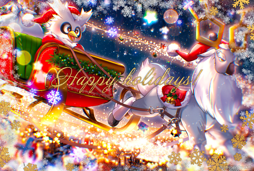 artist_name beak bell black_sclera brown_eyes colored_sclera delibird ekm flying fur-trimmed_headwear gift happy_holidays hat holding holding_rope horns illumination open_mouth pokemon pokemon_(creature) rope sack saddle santa_hat sleigh snowflakes star_(symbol) wyrdeer