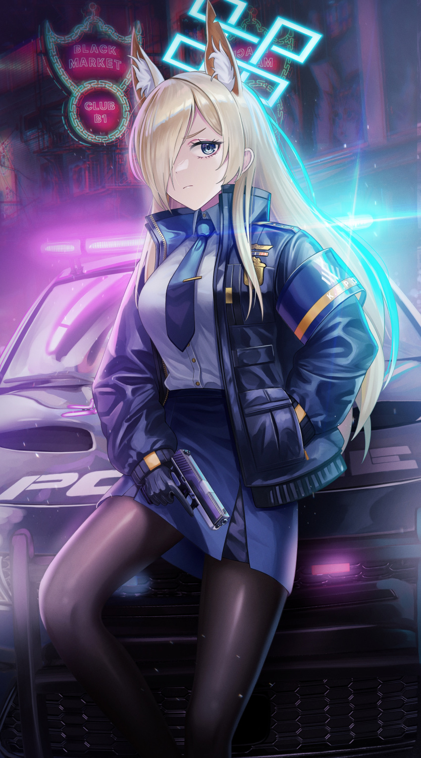 1girl absurdres animal_ear_fluff animal_ears armband black_gloves black_jacket black_necktie black_pantyhose blonde_hair blue_archive blue_eyes blue_skirt breasts car chisi chromatic_aberration closed_mouth collared_shirt commentary dog_ears dress_shirt eyelashes feet_out_of_frame gloves gun hair_over_one_eye halo hand_in_pocket handgun highres holding holding_gun holding_weapon jacket kanna_(blue_archive) light_particles long_hair looking_to_the_side medium_breasts miniskirt motor_vehicle necktie neon_lights night open_clothes open_jacket outdoors pantyhose parted_bangs pencil_skirt police police_car shirt shirt_tucked_in skirt solo standing tie_clip weapon white_shirt wing_collar
