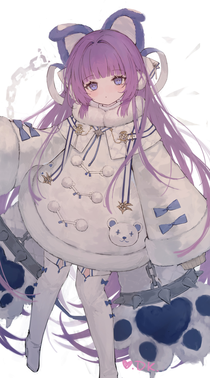 1girl absurdly_long_hair absurdres animal_ears animal_hands artist_name azur_lane blunt_bangs boots broken broken_chain chain closed_mouth coat coat_dress commentary_request daichengqi dot_mouth fake_animal_ears full_body fur-trimmed_coat fur-trimmed_sleeves fur_trim gloves heart highres long_hair long_sleeves looking_at_viewer paw_gloves purple_hair sleeves_past_fingers sleeves_past_wrists solo tashkent_(azur_lane) thigh_boots very_long_hair violet_eyes white_background white_coat wide_sleeves winter_clothes