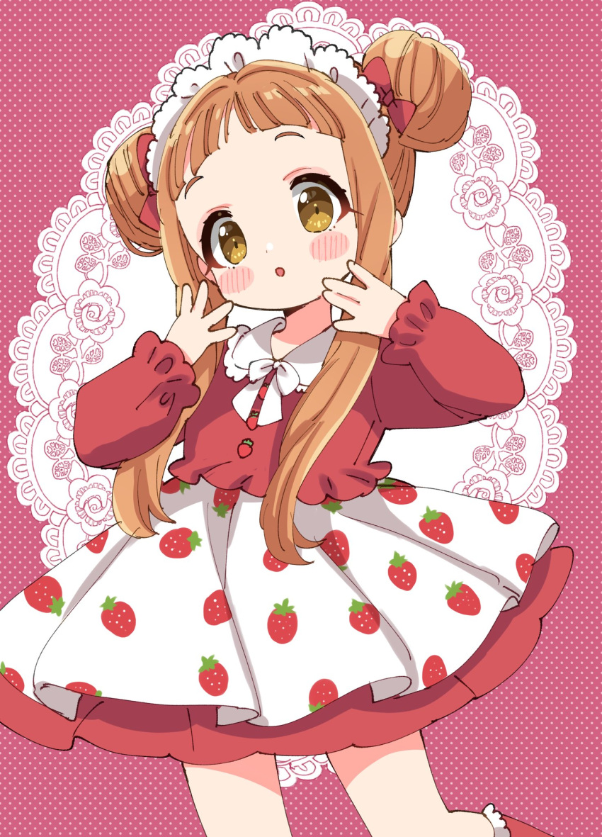 1girl blunt_bangs blush brown_eyes brown_hair dot_nose double_bun dress floral_background food_print hair_bun hair_ribbon highres ichihara_nina idolmaster idolmaster_cinderella_girls idolmaster_cinderella_girls_starlight_stage idolmaster_cinderella_girls_u149 long_hair long_sleeves looking_at_viewer open_mouth pink_background polka_dot polka_dot_background red_dress ribbon saito_katuo smile solo strawberry_print