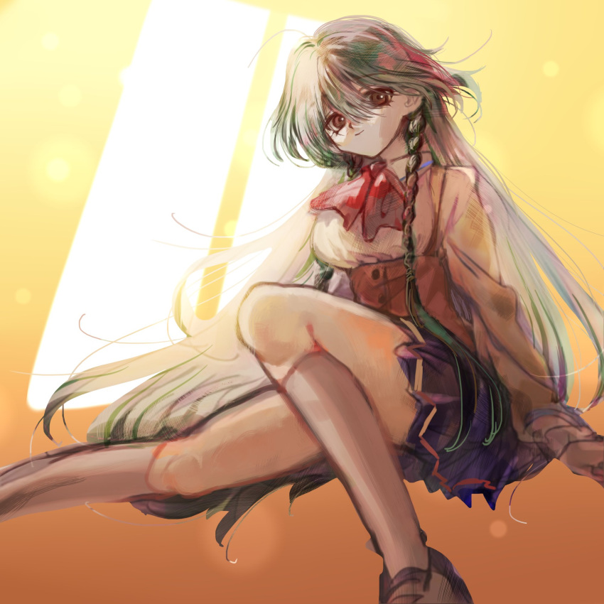 1girl ahoge braid chouorii collared_shirt foot_out_of_frame gradient_background green_hair highres kneehighs long_hair long_sleeves looking_at_viewer neck_ribbon red_ribbon ribbon sayonara_wo_oshiete shirt side_braids sitting sketch skirt smile socks solo sugamo_mutsuki underbust very_long_hair vest white_shirt white_socks window_shade