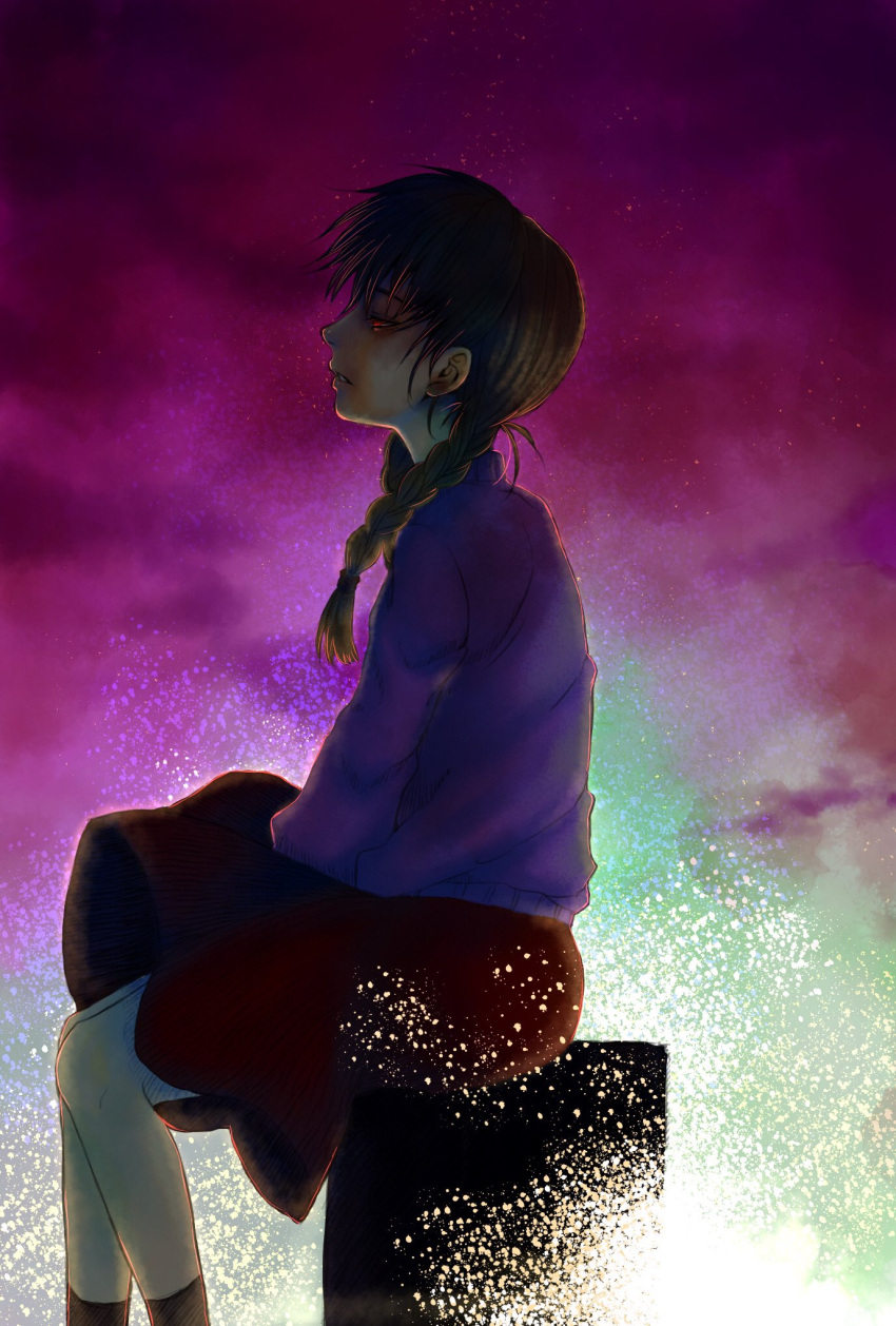 1girl black_socks braid brown_hair clouds commentary_request expressionless feet_out_of_frame from_side glowing glowing_eyes highres light_particles long_hair madotsuki parted_lips profile purple_sky purple_sweater red_eyes red_skirt saitou_nekoichi sitting skirt sky socks solo star_(sky) sweater twin_braids yume_nikki