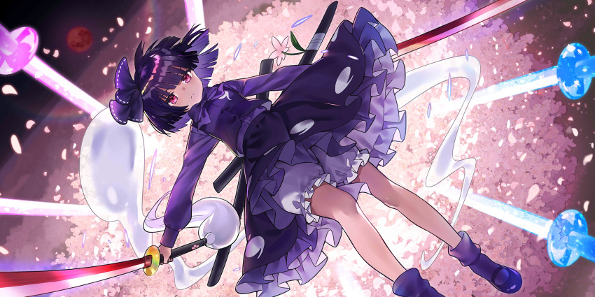 1girl alternate_color black_bow black_bowtie black_footwear black_skirt black_vest bloomers blunt_bangs bow bowtie cherry_blossoms closed_mouth dutch_angle expressionless foot_out_of_frame frilled_skirt frills hair_ribbon highres hitodama_print holding holding_sword holding_weapon katana konpaku_youmu konpaku_youmu_(ghost) konpaku_youmu_(mysterious_sword_master) long_sleeves looking_at_viewer mary_janes ninomotonino non-web_source official_art petals purple_shirt purple_socks ribbon sheath shirt shoes short_hair skirt socks solo split_mouth sword touhou touhou_lost_word underwear vest violet_eyes weapon