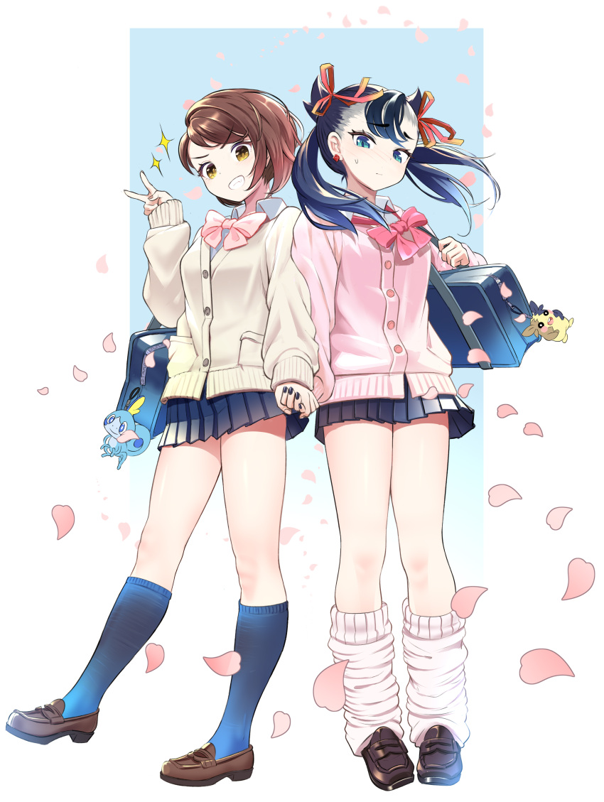 2girls absurdres alternate_costume aqua_eyes asymmetrical_bangs bag bag_charm black_hair black_nails blue_socks bow bowtie brown_eyes brown_footwear brown_hair cardigan charm_(object) closed_mouth ear_piercing falling_petals floating_hair full_body gloria_(pokemon) grin hair_ribbon highres holding_hands loafers marnie_(pokemon) medium_hair miniskirt morpeko morpeko_(full) multiple_girls petals piercing pink_bow pink_bowtie pink_cardigan pleated_skirt pokemon pokemon_(game) pokemon_swsh raised_eyebrows ribbed_socks ribbon school_bag school_uniform shoes short_hair skirt smile sobble socks sparkle sweatdrop thighs tm_(hanamakisan) twintails undercut v v-shaped_eyebrows white_cardigan white_socks