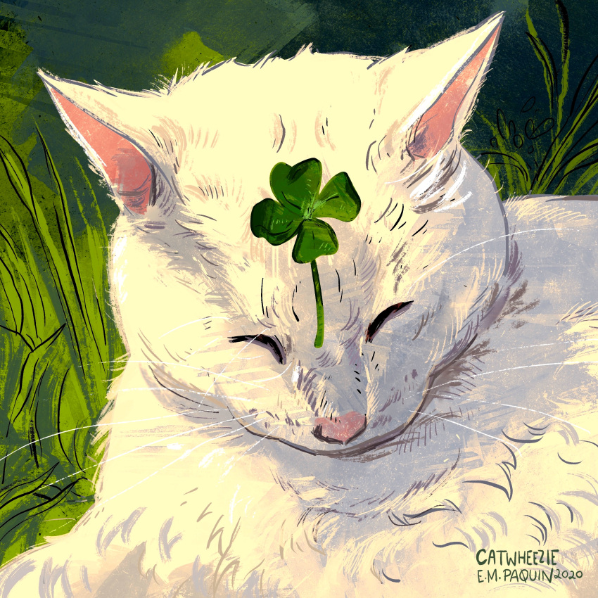 absurdres animal animal_focus artist_name cat catwheezie closed_eyes clover four-leaf_clover grass highres no_humans original portrait watermark