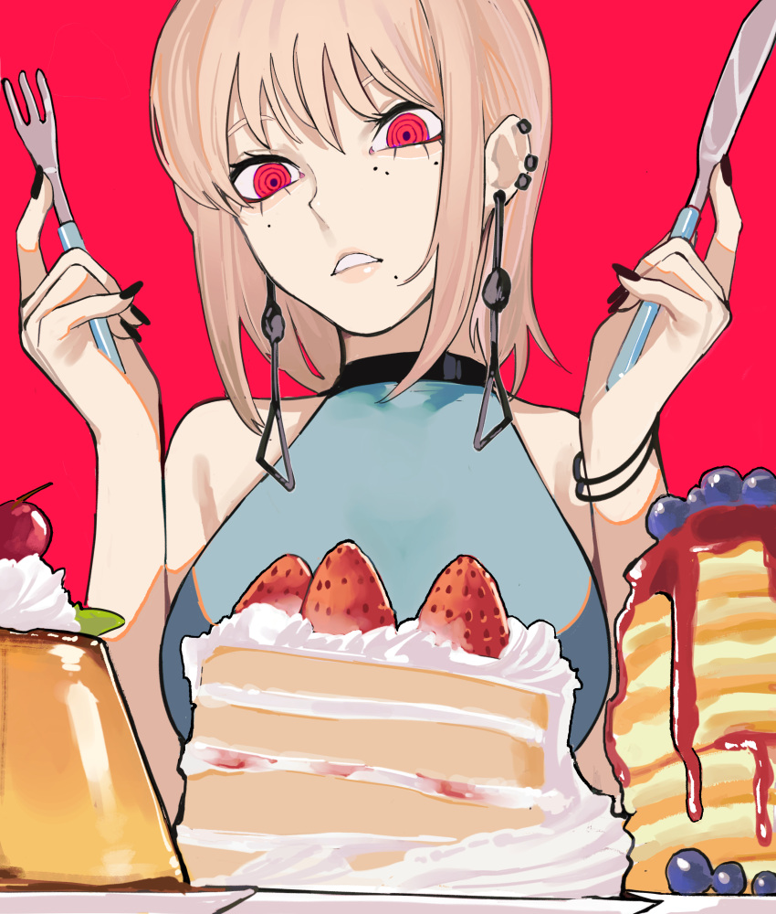 1girl absurdres blonde_hair cake chainsaw_man character_request check_character ear_piercing earrings fami_(chainsaw_man) food fork highres holding holding_fork holding_knife jewelry knife piercing pudding red_background red_eyes ringed_eyes sailen0 simple_background solo strawberry_cake teeth