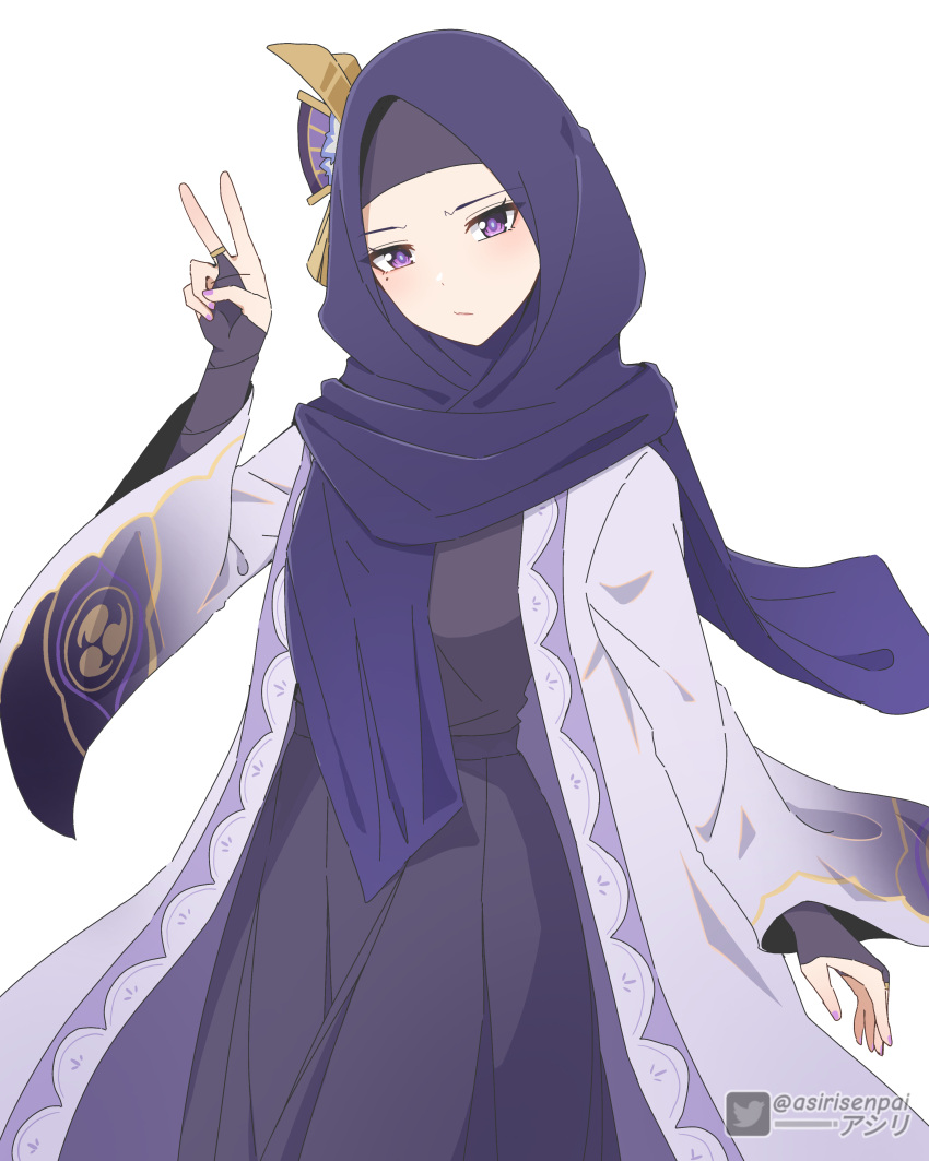 1girl abaya absurdres adapted_costume alternate_costume asiri_senpai bridal_gauntlets commentary english_commentary genshin_impact hair_ornament highres hijab japanese_clothes long_sleeves looking_at_viewer mitsudomoe_(shape) mole mole_under_eye purple_scarf raiden_shogun scarf simple_background solo tomoe_(symbol) v violet_eyes white_background wide_sleeves