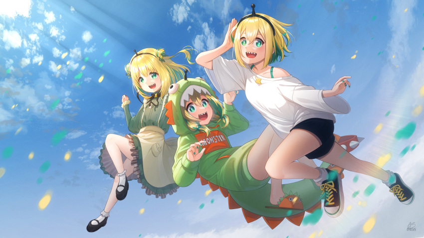 3girls :d absurdres acrylicstroke amano_pikamee apron arm_up bare_shoulders black_footwear black_hairband black_shorts blonde_hair blue_sky bobby_socks breasts brown_apron clouds commentary day dinosaur_costume double_bun english_commentary frilled_skirt frilled_sleeves frills green_eyes green_hair green_nails green_shirt green_skirt hair_between_eyes hair_bun hairband highres long_sleeves looking_at_viewer midair multicolored_hair multiple_girls multiple_persona nail_polish off-shoulder_shirt off_shoulder orange_footwear outdoors sharp_teeth shirt shoes short_shorts shorts signature skirt sky sleeves_past_wrists slippers small_breasts smile socks spikes teeth two-tone_hair virtual_youtuber voms white_shirt white_socks