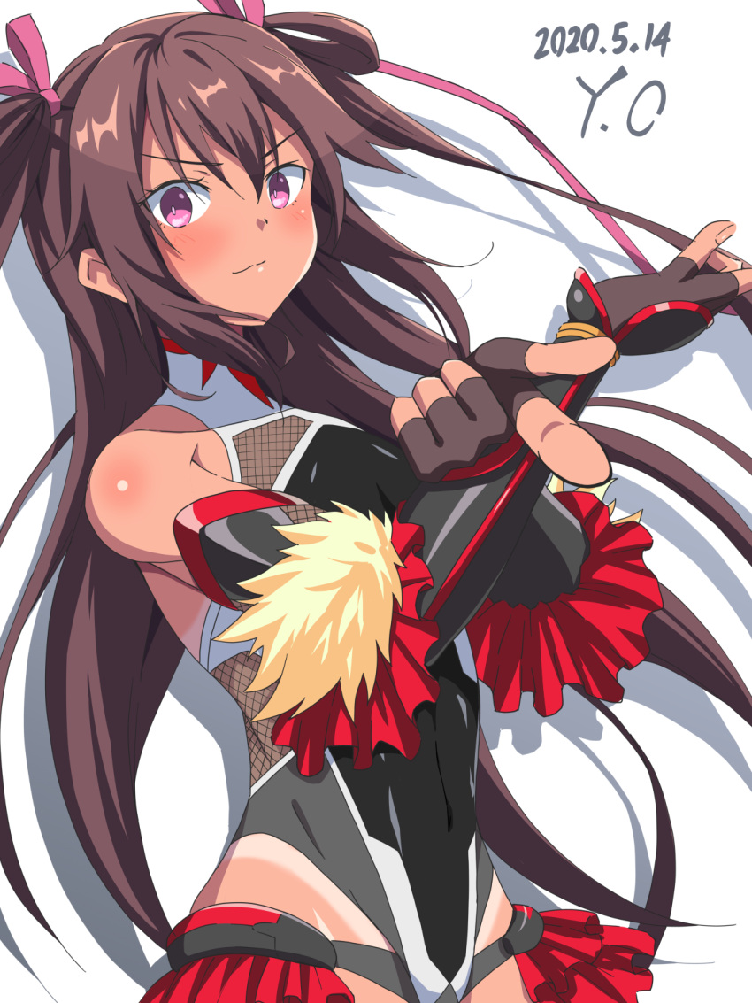 1girl 2020 action_taimanin arm_guards bare_shoulders brown_hair dark-skinned_female dark_skin dated hair_ornament highres impossible_clothes impossible_leotard latex latex_leotard leotard long_hair looking_at_viewer mizuki_yukikaze ninja pink_eyes pointing pointing_at_viewer shadow simple_background smile solo taimanin_(series) taimanin_suit taimanin_yukikaze tan tanlines v-shaped_eyebrows very_long_hair white_background yukyon