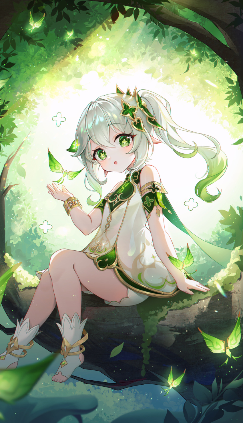 1girl cape cross-shaped_pupils crystalfly_(genshin_impact) detached_sleeves dress genshin_impact green_cape green_eyes green_sleeves hair_between_eyes hair_ornament highres leaf_hair_ornament long_hair looking_at_viewer multicolored_hair nahida_(genshin_impact) pointy_ears side_ponytail sidelocks sitting_on_branch stirrup_footwear symbol-shaped_pupils toeless_footwear toeless_legwear tree tteullie white_dress white_hair